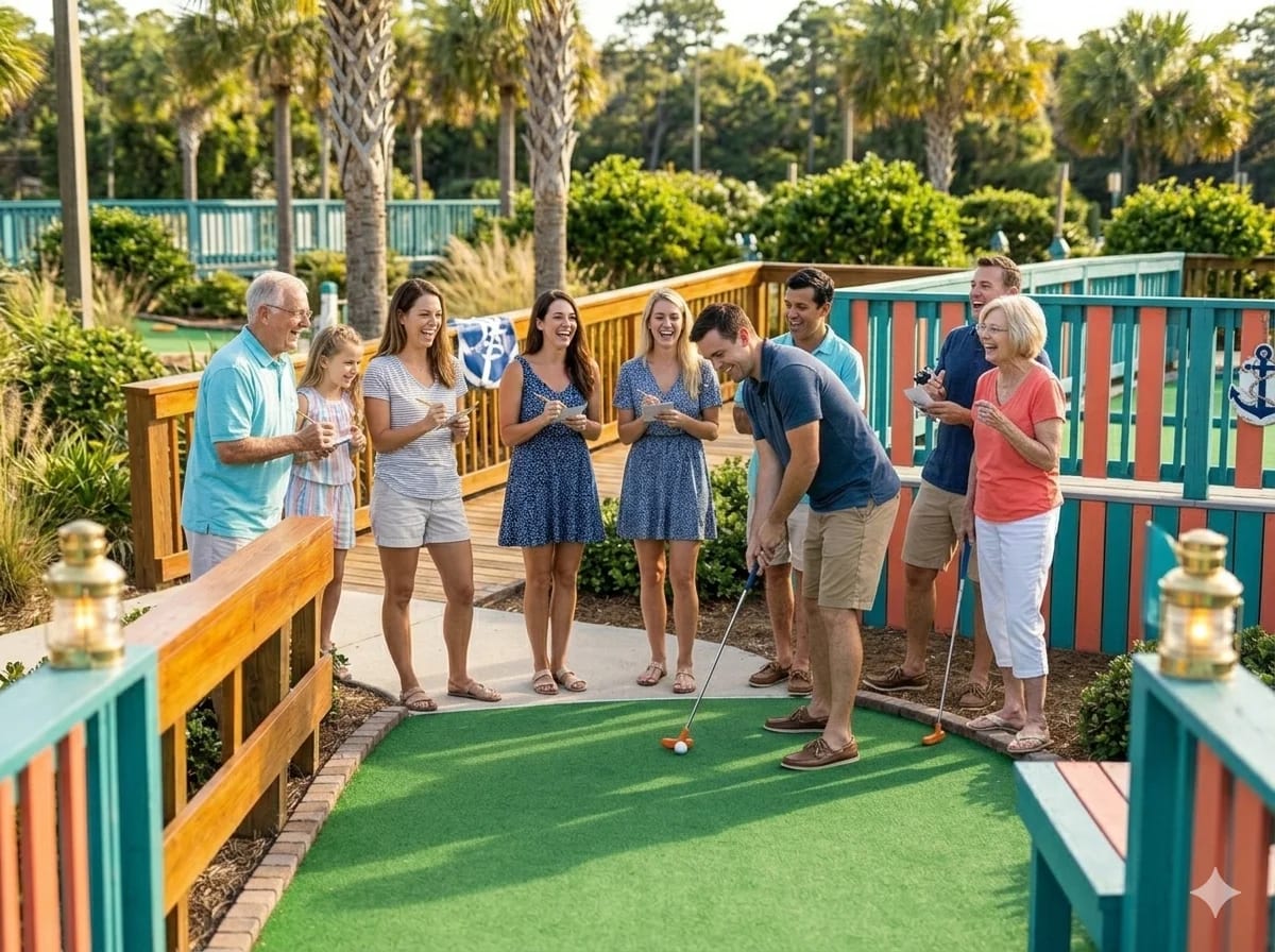 Friends celebrating a group event at Captain Myrtle Mini Golf